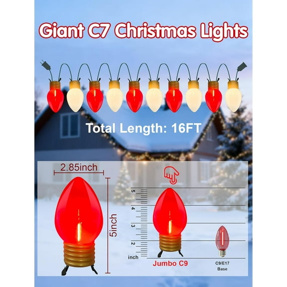 JINYUN-16FT Jumbo Red and White Christmas Lights Outdoor with 10 LED Red and White Bulbs,Jumbo Giant Christmas String Lights for Tree Holiday Home Roof Yard Garden Decorations