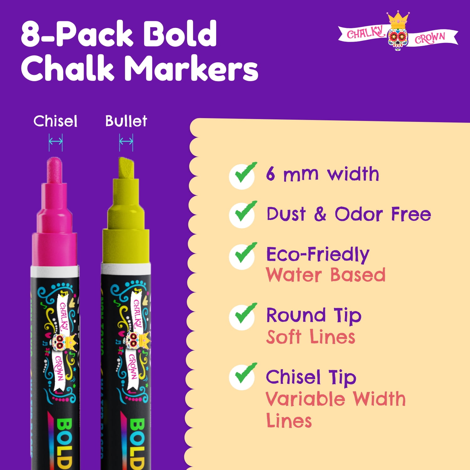 Chalky Crown - Bold Chalk Markers - Dry Erase Marker Pens - Reversible Tip  - 8 Pack, 6 mm 