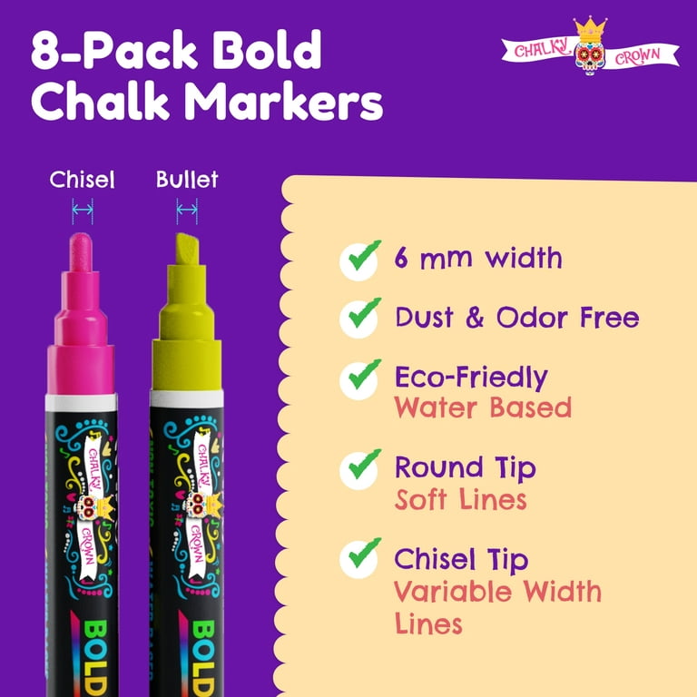 Kassa Chisel and Bullet Dual Tip Marking Pen, Bundle of Chalk Markers - 8  Metallic & 20 Multi Color Erasable Chalkboard Pens for Blackboard & Glass