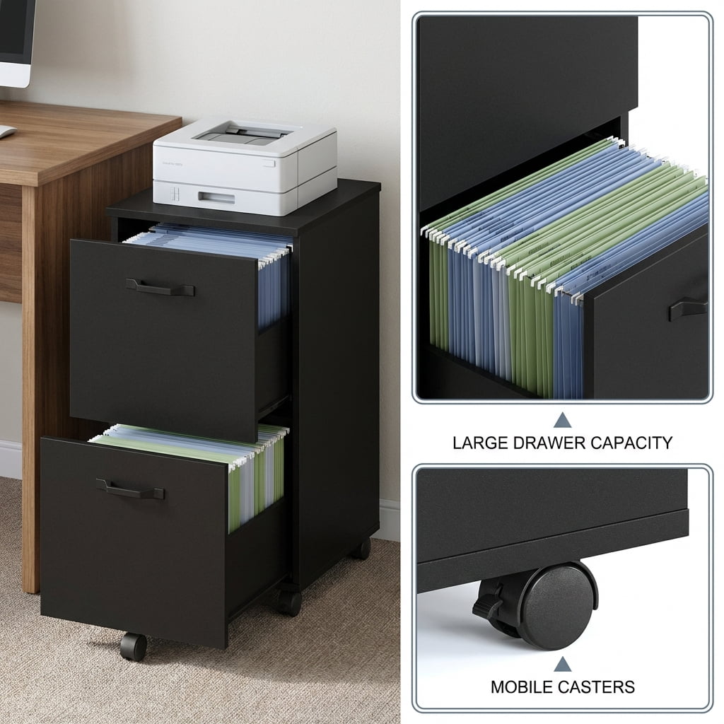 LEDREM 2-Drawer Rolling Storage Unit – Wood File Cabinet with Steel & Particleboard Construction, for Office, Holds A4/Letter Folders, 5 Swivel Casters with Brakes, Supports 77 lbs, Matte Black