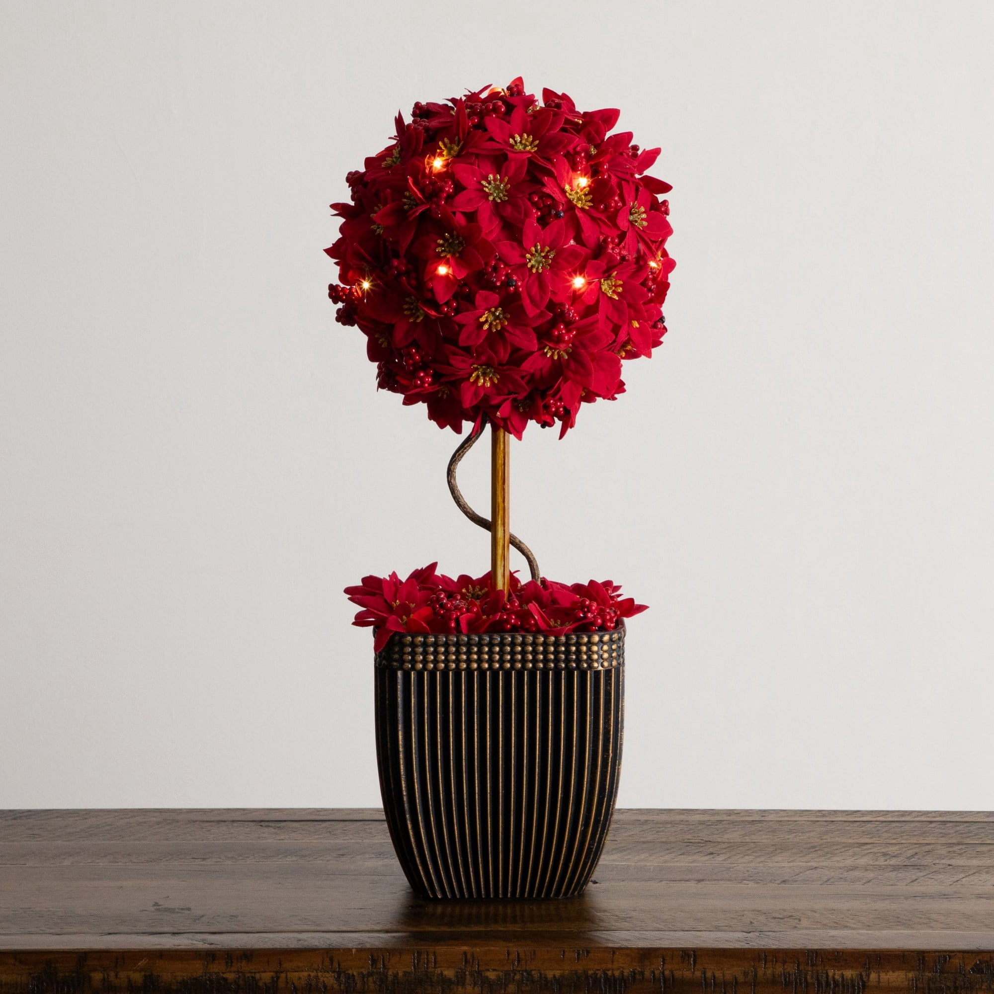 21in. Pre-Lit Artificial Christmas Poinsettia Single Ball Topiary Tree with 15 LED Lights in Decorative Planter