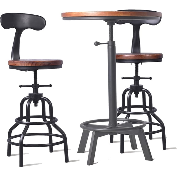 Diwhy 3 Piece Bar Set Industrial Style Adjustable Dia 19.7" Bar Table and 2 Stools with Backrest for Kitchen, Pub, Bistro