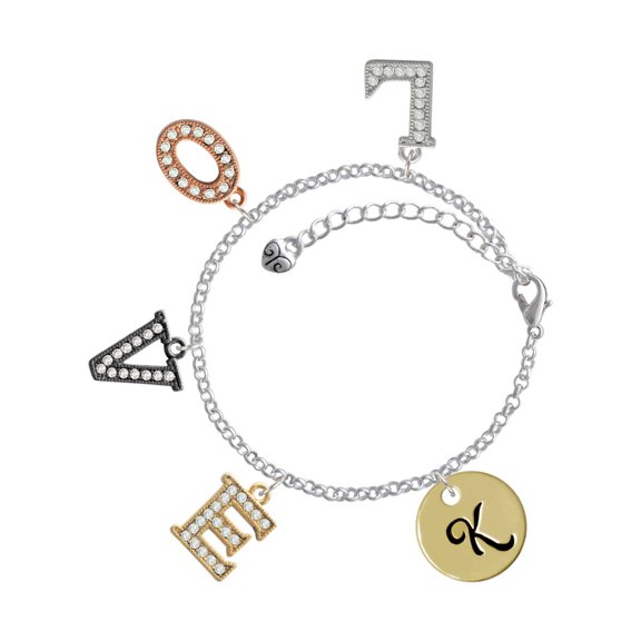 Delight Jewelry Goldtone Large Disc Letter - K - 3/4'' Multi-Colored Crystal Love Charm Bracelet