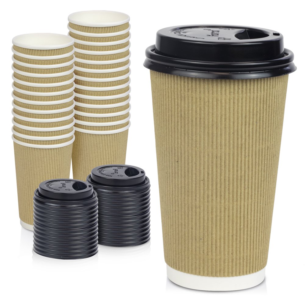 [50 Pack] Disposable Hot Cups with Lids 20 oz Brown Double Wall