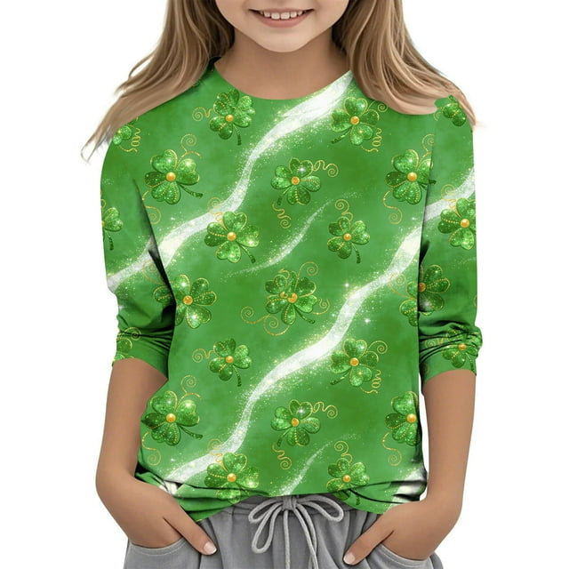 Tauxra Chandail de la Saint-Patrick pour Adultes, T-Shirt à Manches 3/4 Imprimé Col Rond, T-Shirt Graphique Trèfle Décontracté à Manches Longues pour Activités Festives