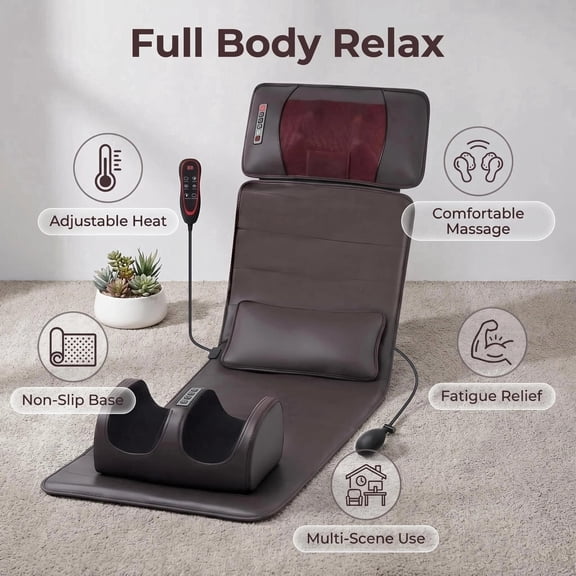 HEMXSZH Full Body Massage Mat with Remote Vibration & Heat, Foot Massager & Lumbar Cushion, Brown