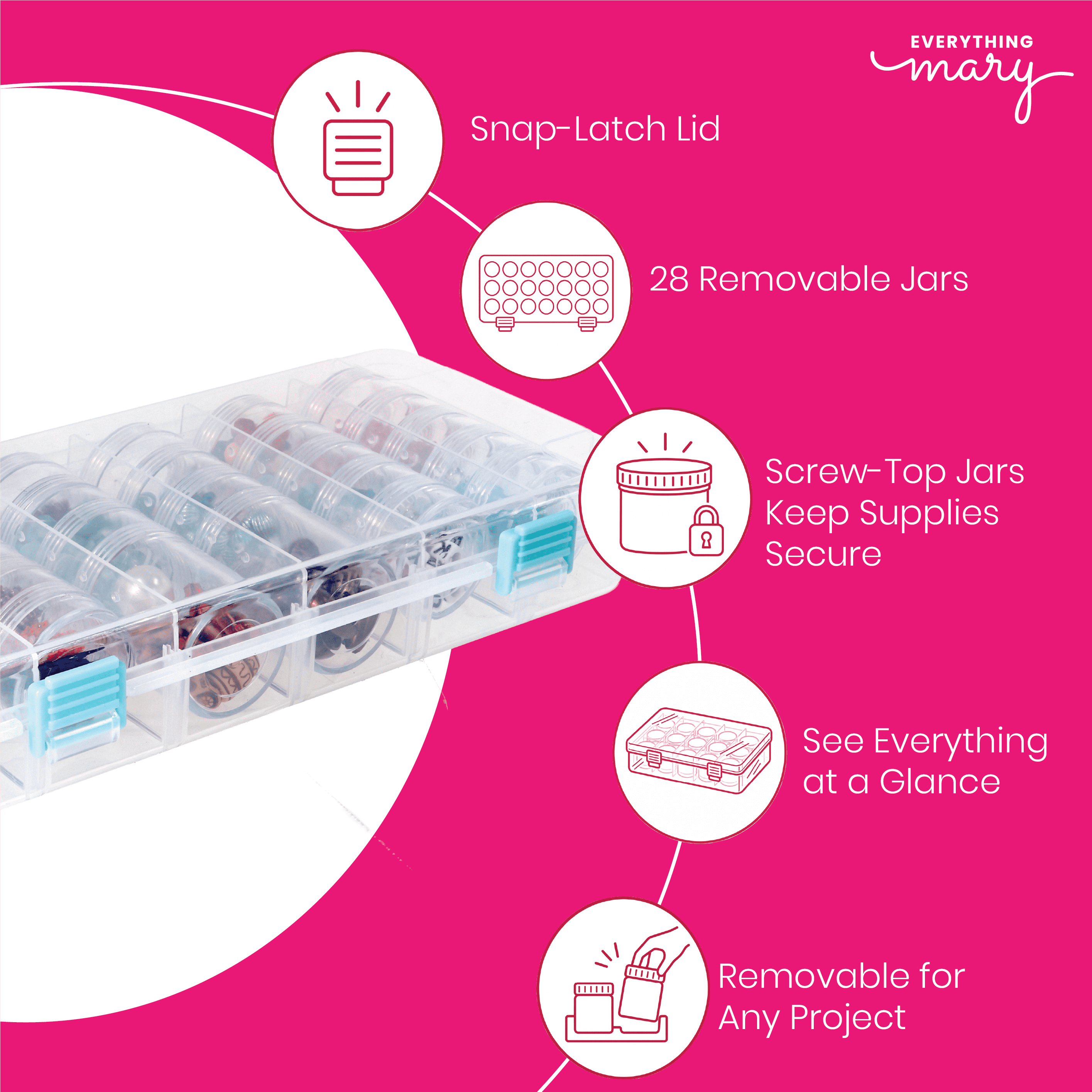 Everything Mary Clear Bead Storage Case with 28 Removable Jars, Plastic Organizer for Beads, Jewelry, Crafts and Small Parts