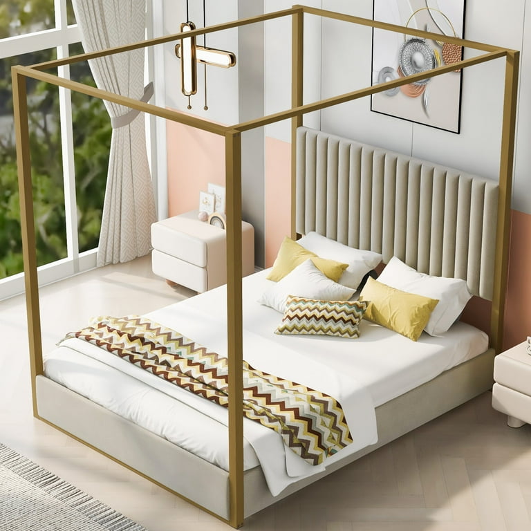 Gold upholstered canopy bed discount