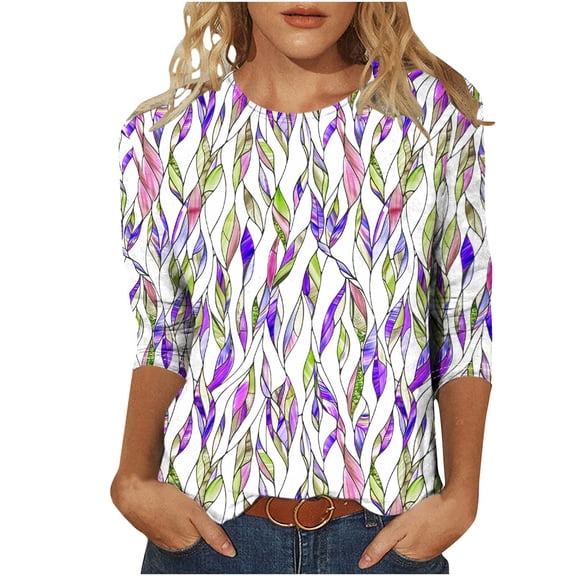 Women Blouses Plus Size Tops 3/4 Sleeve Fashion Tees Casual Crewneck Loose T Shirt Ladies Blouses Shirts