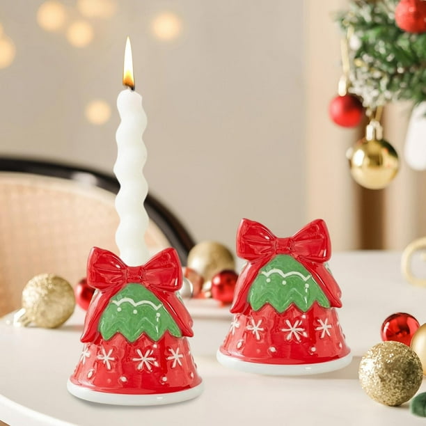 Portavelas navideños estilo estadounidense con lazo y campanillas personalizadas. Portavelas decorativos de cerámica para mesa o entrada. Pieza decorativa para aromaterapia. Candelabro de cerámica con