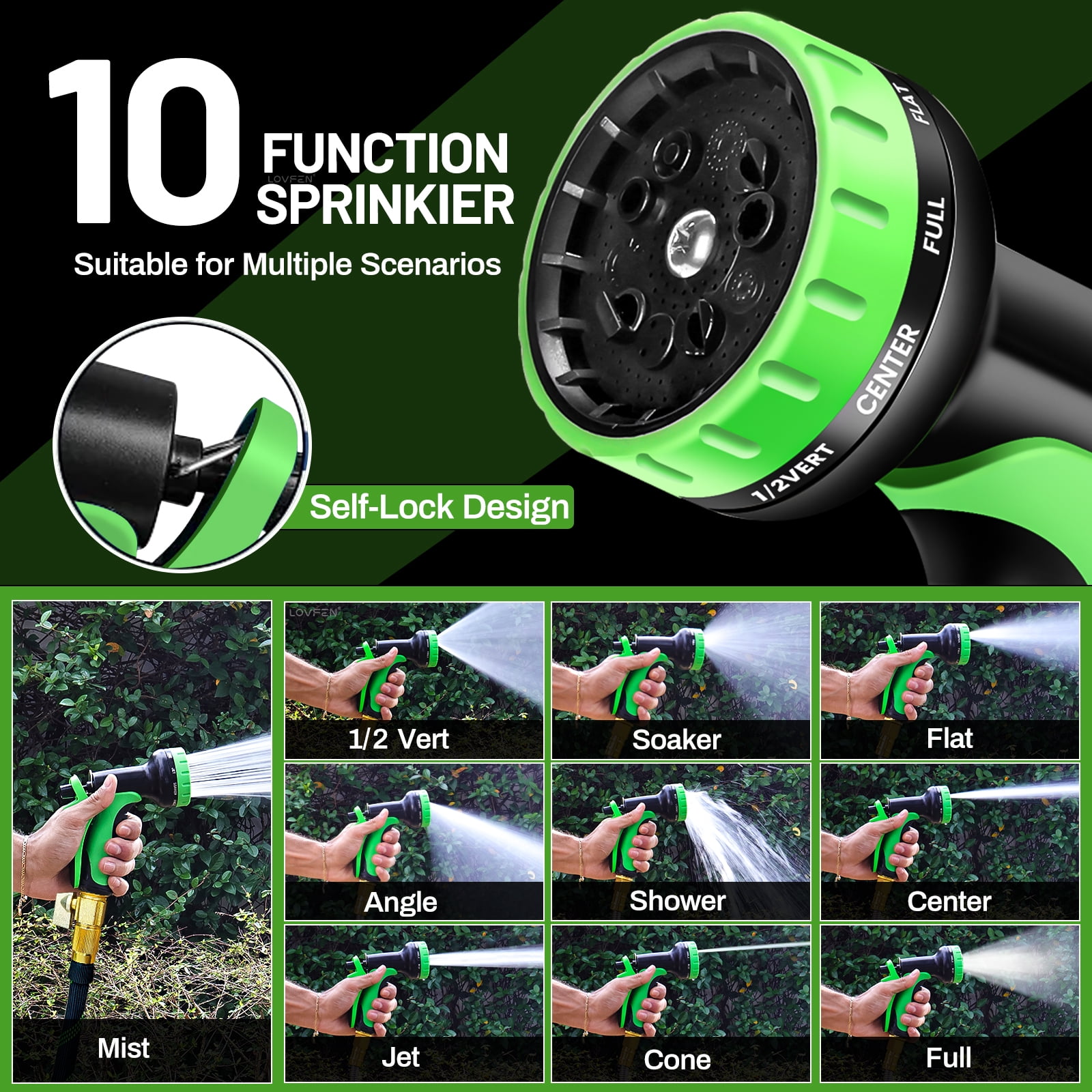 LOVFEN 150 ft Garden Hose,Non-Expanding Kink Free Flexible Water Hose with 10-Pattern Spray Nozzle, Lightweight Hose Pipe, Leak Proof, 3/4" Swivel Connectors, Super Fabric, Portable Storage Strap