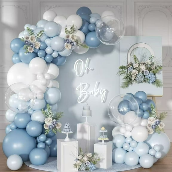 YQWIN 126 Pcs Dusty Blue Balloon Garland Arch Kit Light Blue and White Balloon Arch Kit Dusty Blue White Pastel Blue Clear Balloons for Wedding Birthday Baby Shower Gender Reveal Bridal Decorations
