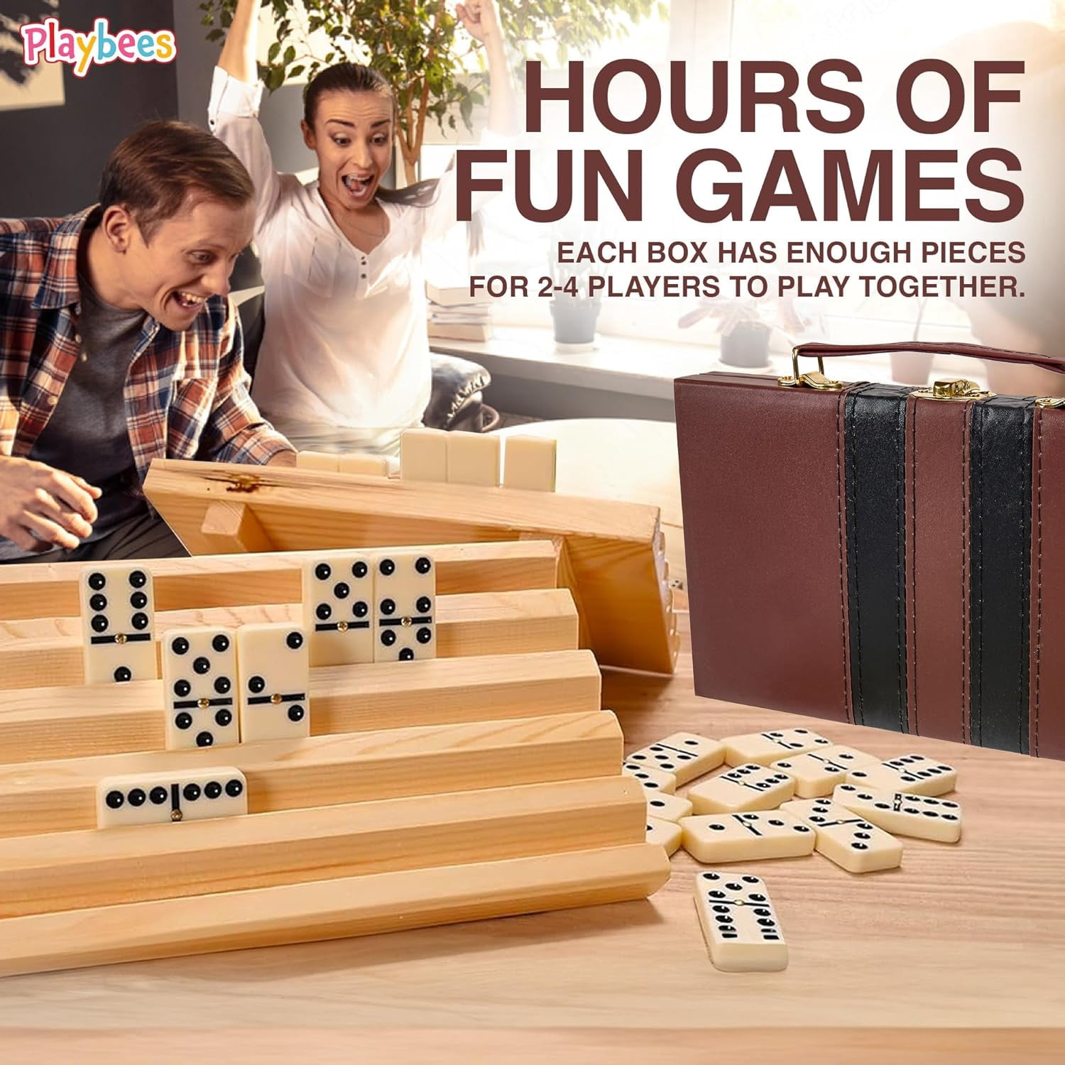Playbees Jumbo Double Six Domino Set - 28 Thick White Tiles - Sophisticated Wooden Vegan Leather Box - Classic Family Game - Math Skills and Strategy - 2-4 Players