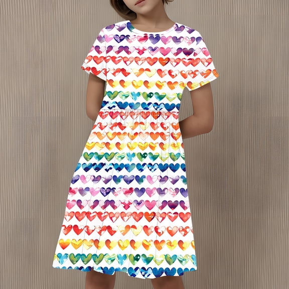 JUSLIO Girls Pleated Dress Print Casual Short Sleeve Dresses Size 6