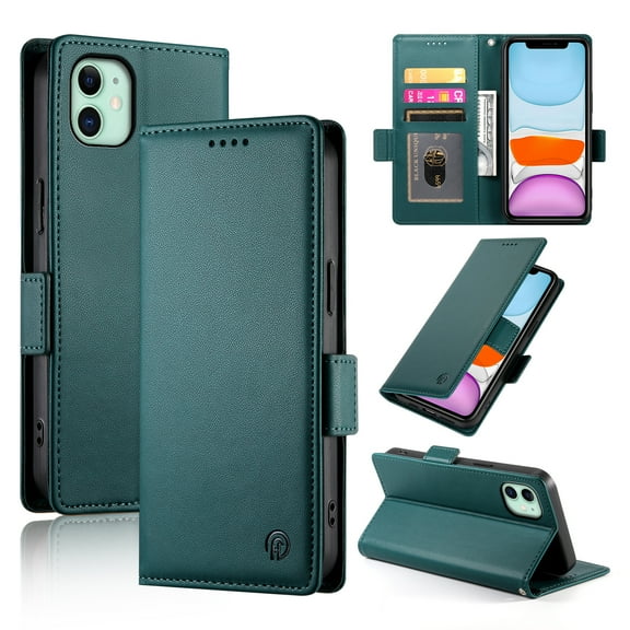 Allytechgroup for Apple iPhone 11 Case Wallet, Retro PU Leather Slim Fit Business Style Magnetic Closure Cards Slots RFID Blocking Phone Case for Women Men, Darkgreen