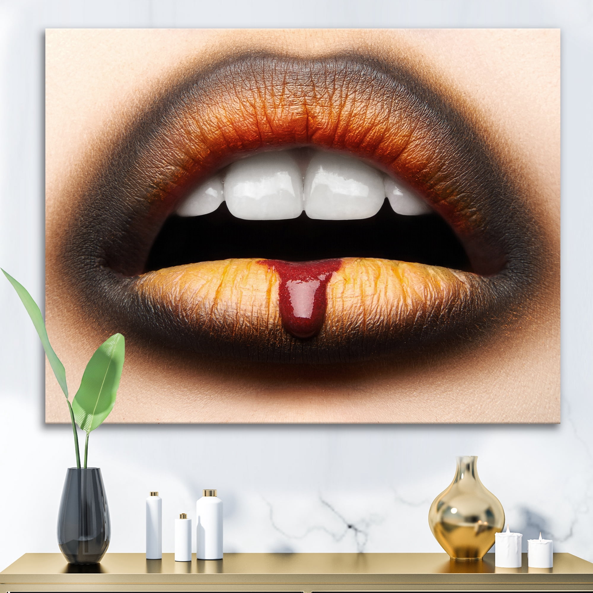 Woman Lips With Black & Orange Lipstick 12 in x 8 in Photography Canvas Art Print, by Designart