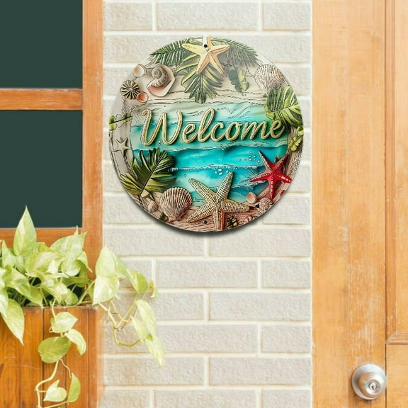 1pc Welcome Spring Summer Sign Stained Glass Window Hanging, 8x8inch Coastal Beach Themed Sun Catcher for Front Door, Home Cafes Glass Wreath Wall Hanging Decoration Round Shaped Aluminum Sign, Decora