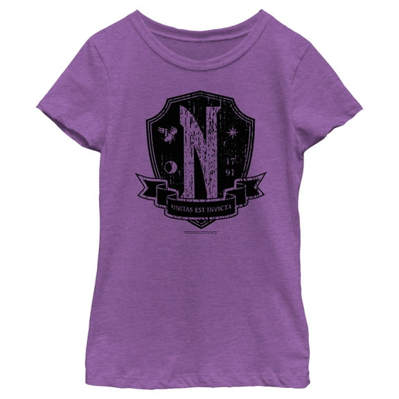 Girl's Wednesday Nevermore Academy Distressed Emblem  Graphic Tee Purple Berry Large