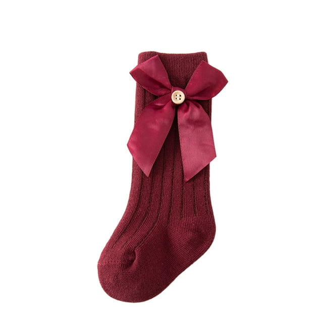 Faithtur Girl Ribbed Socks Pair, Toddler Elastic Cuff Solid Color Bow Decor Middle Length Baby Stockings