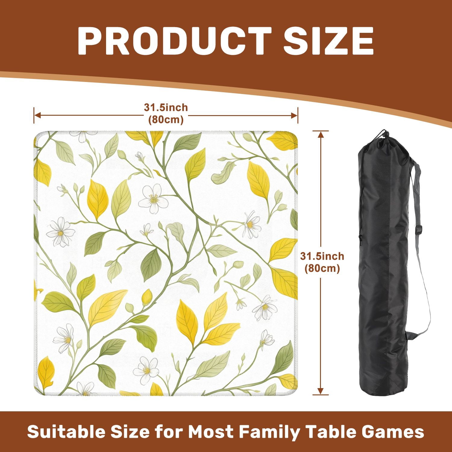 Mahjong Mat 31.5" x 31.5" Botanical Yellow Green Leaves White Flowers Non-Slip Noise Reduction American Mahjong Tiles Table Cover for Dominoes Poker Card Board Games Gift