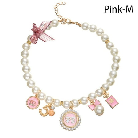 Pet Products Cat Jewelry Cat Supplies Puppy Accessories Pet Pearl Collar Bow Necklace Dog Cat Princess Adjustable PINK M