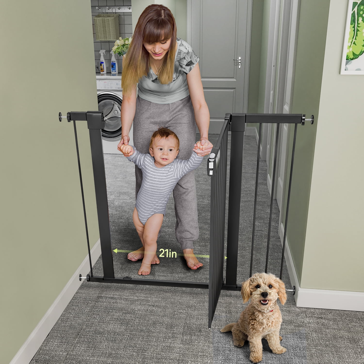27-43" Baby Gate for Stairs, Dog Gate for Doorways, Pressure Mounted Pet Gates for Dogs Indoor, Durable Safety Child Gate with Easy Walk Thru Door, Black