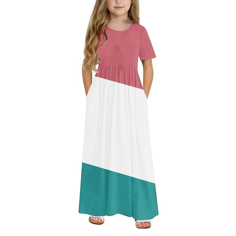 Ashirexll Summer Dresses for Teens, Girls Dresses Size 10-12, Girls Summer Dress with Pockets Fashion Color Matching Short Sleeve Round Neck Long