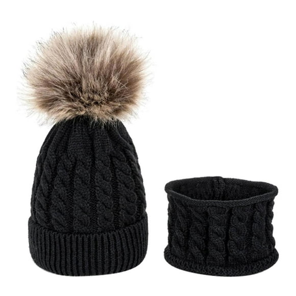 Niñas Sombreros con Pompón de Punto, Gorros de Invierno para Esquí, Senderismo con Bufanda - Negro Yotijar Sombrero de pompones para niños y niñas