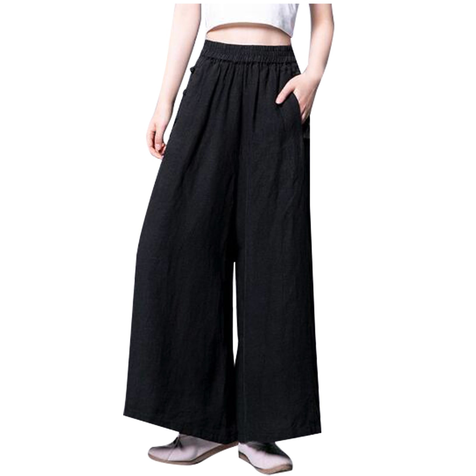 Fsqjgq Womens High Waist Pants with Pockets Gauze Pants Women Solid