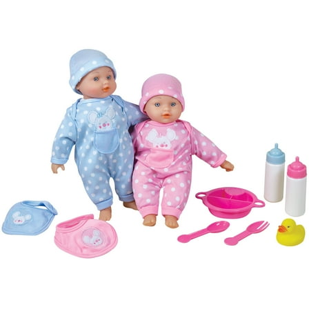 Lissi: 11" Twin Baby Dolls - Pink & Blue-Polka Dot Mouse Matching Outfits, Care Accessories, Bibs-Bottles-Rubber Duck, Soft Body Toy, Kids-Toddlers 2 