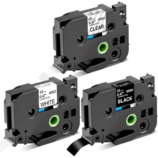Cinta TZe-231, TZe-131, TZe-335 de 12 mm (0,47") laminada blanca, transparente y negra, de repuesto para impresoras de etiquetas Brother.