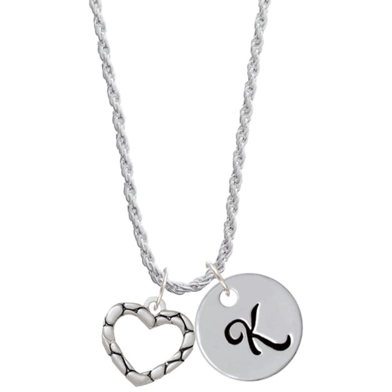 Delight Jewelry Silvertone Open Pebble Heart Silvertone Script Initial Disc - K - Charm Necklace, 20"+3"