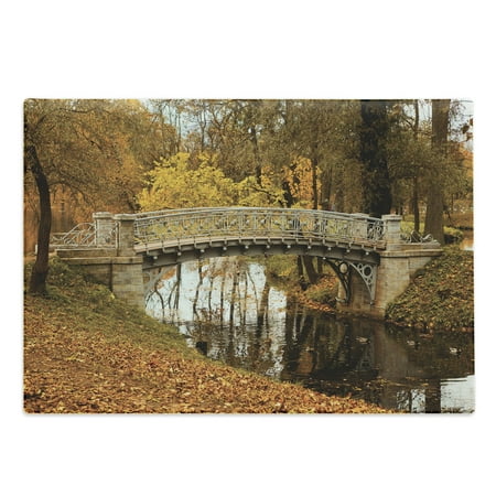 

Autumn Cutting Board Photo of Fall Season Forest Scenery with Old Antique Bridge on Creek Fallen Leaves Decorative Tempered Glass Cutting and Serving Board in 3 Sizes by Ambesonne