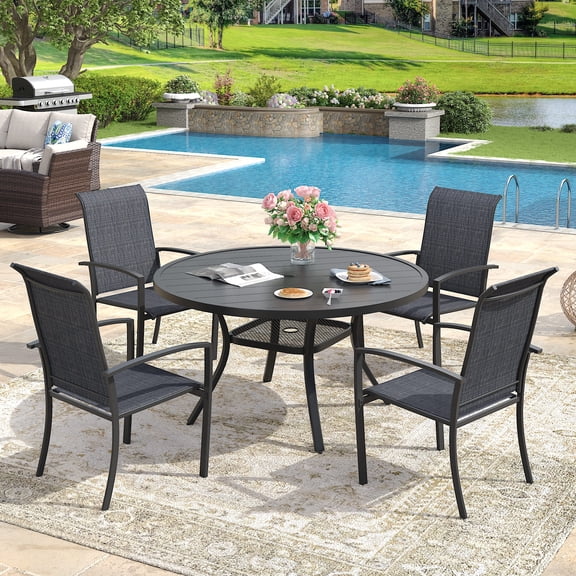Vicllax 5-Piece Round Outdoor Patio Dining Furniture Set Table and Chair Metal Frame, Umbrella Hole