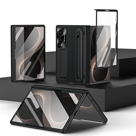 ELEHOLD Case For Samsung Galaxy Z Fold8 with Front Screen Film Stylus, Luxury Plated Lens Frame Protector Kickstand Hinge Protection Cover ,Black