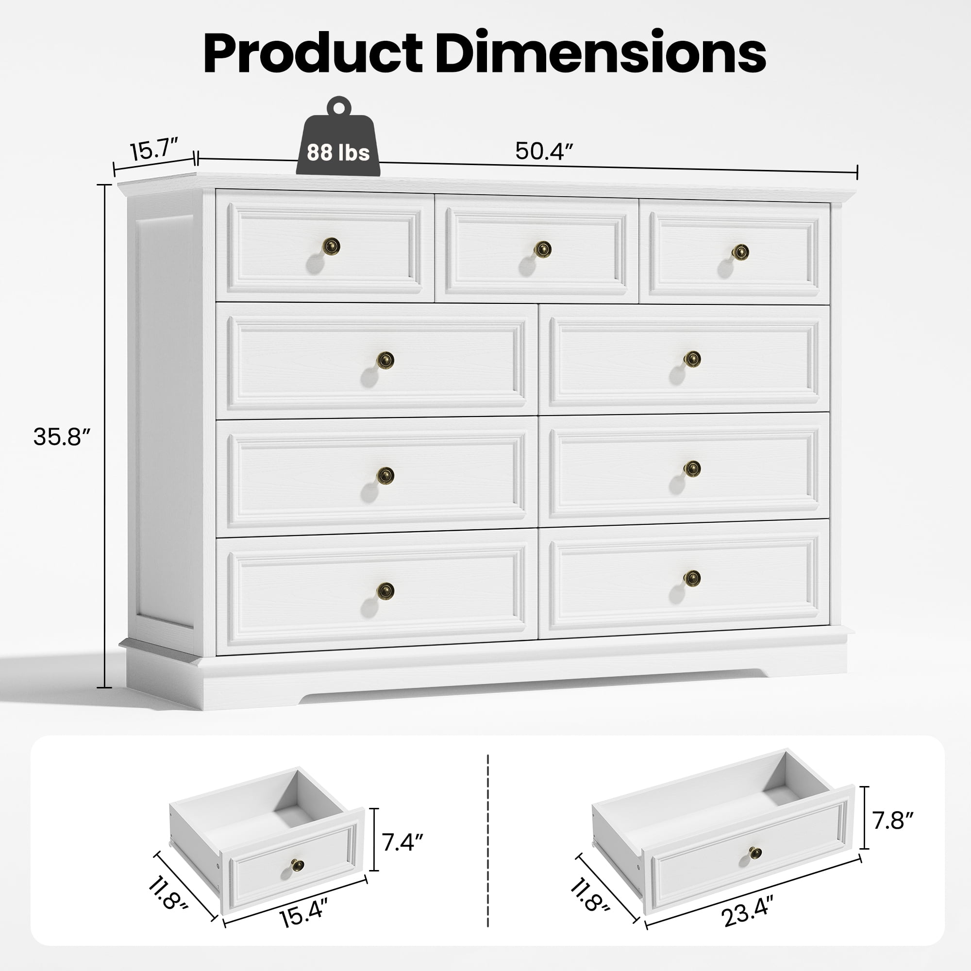 IDEALSOUL White Dresser, 9 Drawer Dresser with Round Metal Handle, 47.2" Retro Wood Storage Cabinet with 6 large drawer and 2 Small drawer for Living Room, Bedroom, Hallway