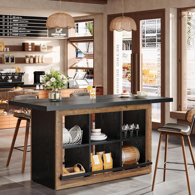 Tribesigns 62.6" Bar Table with Storage, Rectangular Home Bar Cabinet with 6 Cubbies & Metal Footrests, Counter Height Pub Table for Kitchen, Dining Room (Brown & Black)
