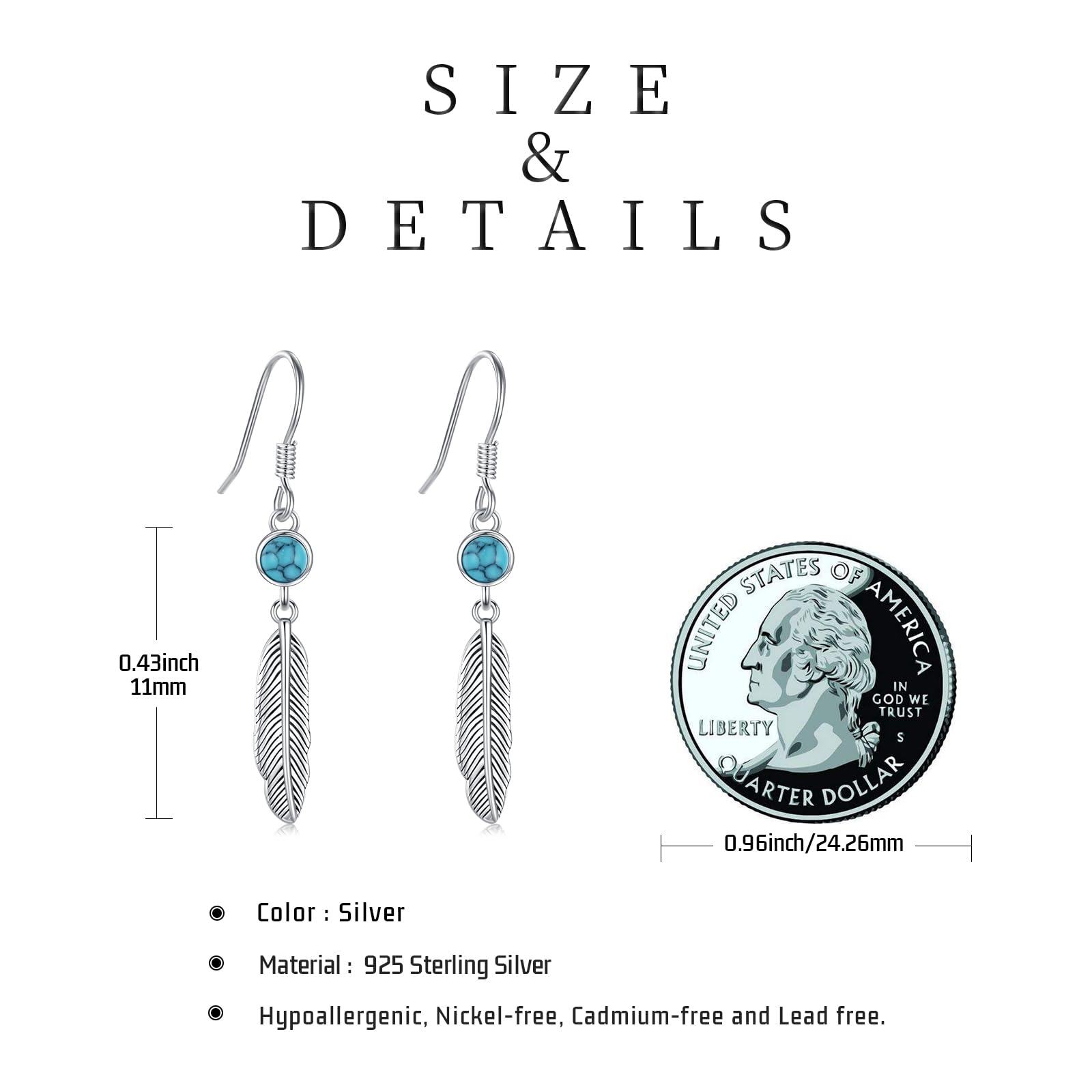 Coachuhhar Feather Dangle Earrings 925 Sterling Silver Turquoise Drop Earrings Western Jewelry Gifts for Women Mom