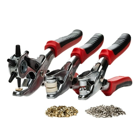 - Revolving Leather Hole Punch, Eyelet and Snap Setting Pliers Tool Kit - Includes 100 eyelet and 25 press studs