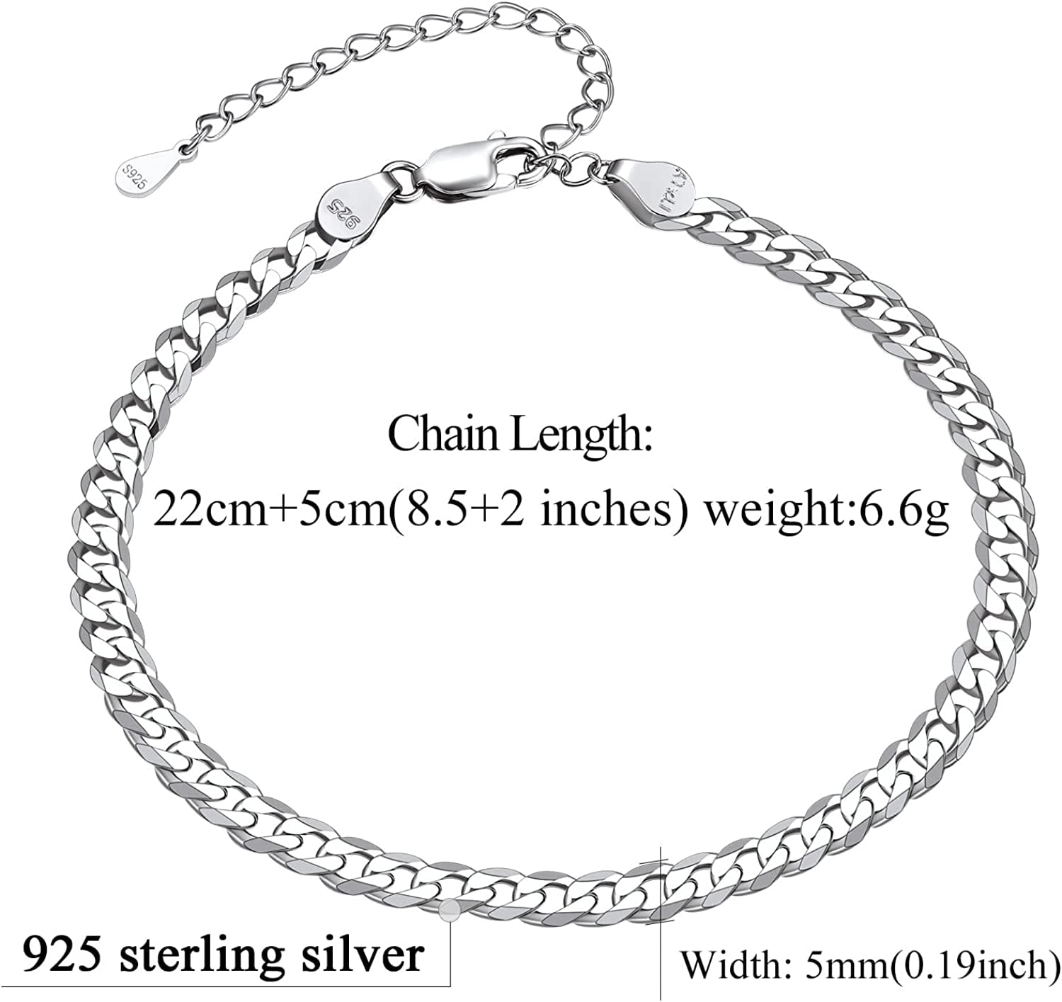 FindChic Womens S925 Sterling Silver Ankle Chains Flat Curb Chain Anklets 8.5" Foot Link Beach Jewelry, with Gift Box