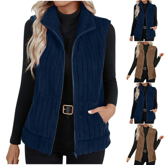 Ashirexll Fleece Vest Women, Womens Winter Coats, Fashion Casual Solid Color Sleeveless Zipper Jacket Top For Women Daily Wear