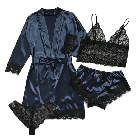 Dezsed Women s Satin Pajama Set 4pcs Lace Trim Cami Lingerie Sleepwear with Robe Clearance Women Wireless Bra Camisole Shorts Pajamas Robe Four Piece Set Navy M