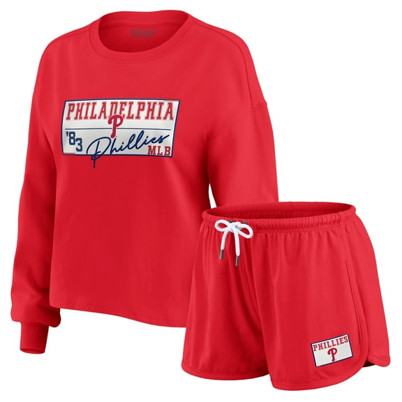 Women's WEAR by Erin Andrews Red Philadelphia Phillies Heavy Rugby Jersey Cropped Long Sleeve T-Shirt & Shorts Lounge