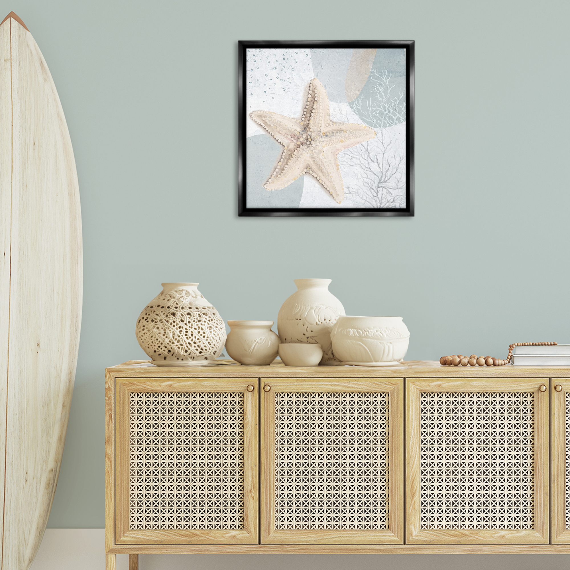 Stupell Industries Starfish over Circle Pattern Coastal Painting Black Floater Framed Canvas Art Print Wall Art, 25 x 25