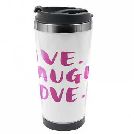 

Live Laugh Love Travel Mug Positive Words Steel Thermal Cup 16 oz by Ambesonne