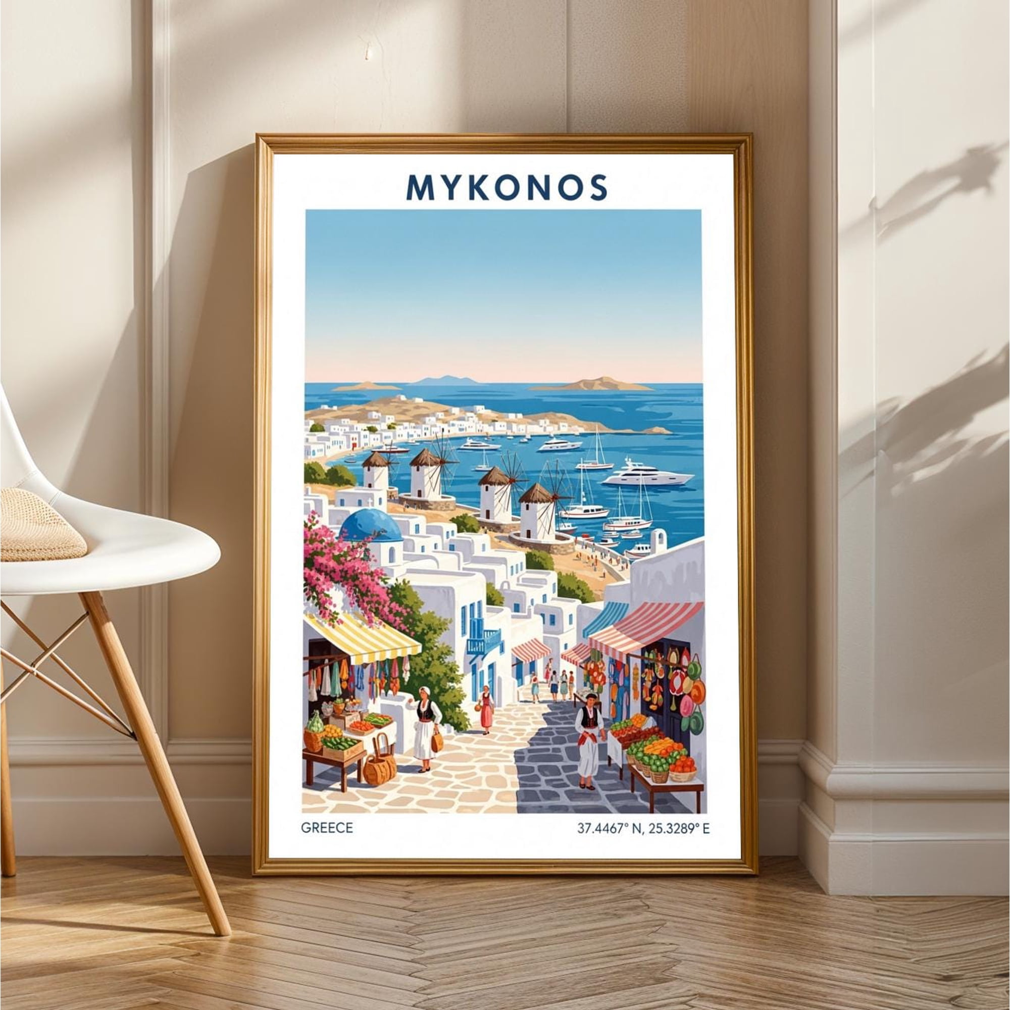 Mykonos Windmills Mediterranean Travel Poster , Poster Print Only