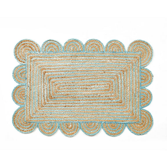 Rectangle Rug Natural Jute Rug Hand Braided Beige and Turquoise Border Color Area Rug