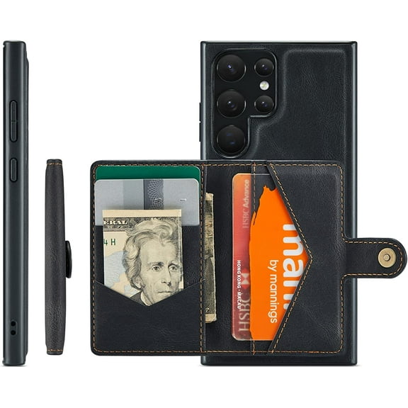 Compatible with Samsung Galaxy S23 Ultra Wallet Case Leather Magnetic Detachable Shockproof Kickstand Case-Black