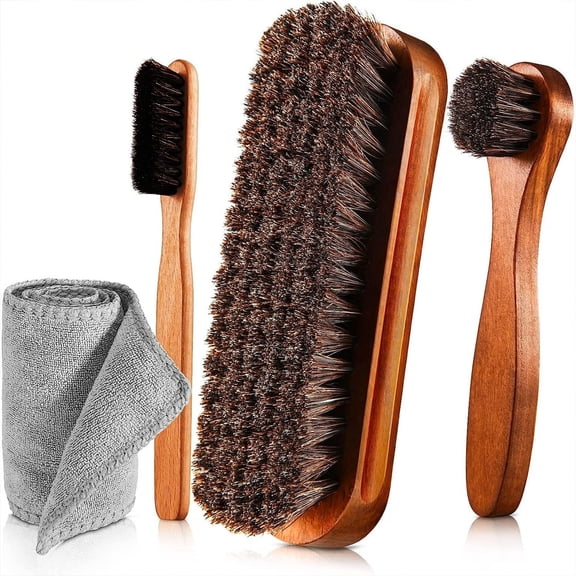 WLGJL Horsehair Shine Shoes Brush Kit Polish Dauber Applicators Cleaning Leather Shoes Boots Care Brushes Suede Cleaner Brush with Microfiber Shoe Cloth(4 Pcs)