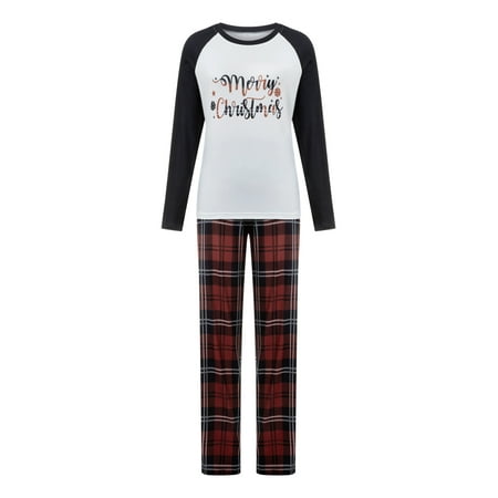 

Pudcoco Christmas Family Matching Pajamas Set Long Sleeve Letters Print Tops with Plaid Pants